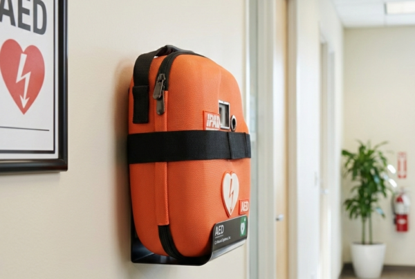 iPAD CU-SP1 AED in orangefarbener Tragetasche, montiert in einer schwarzen Wandhalterung in einem hellen Büroflur.