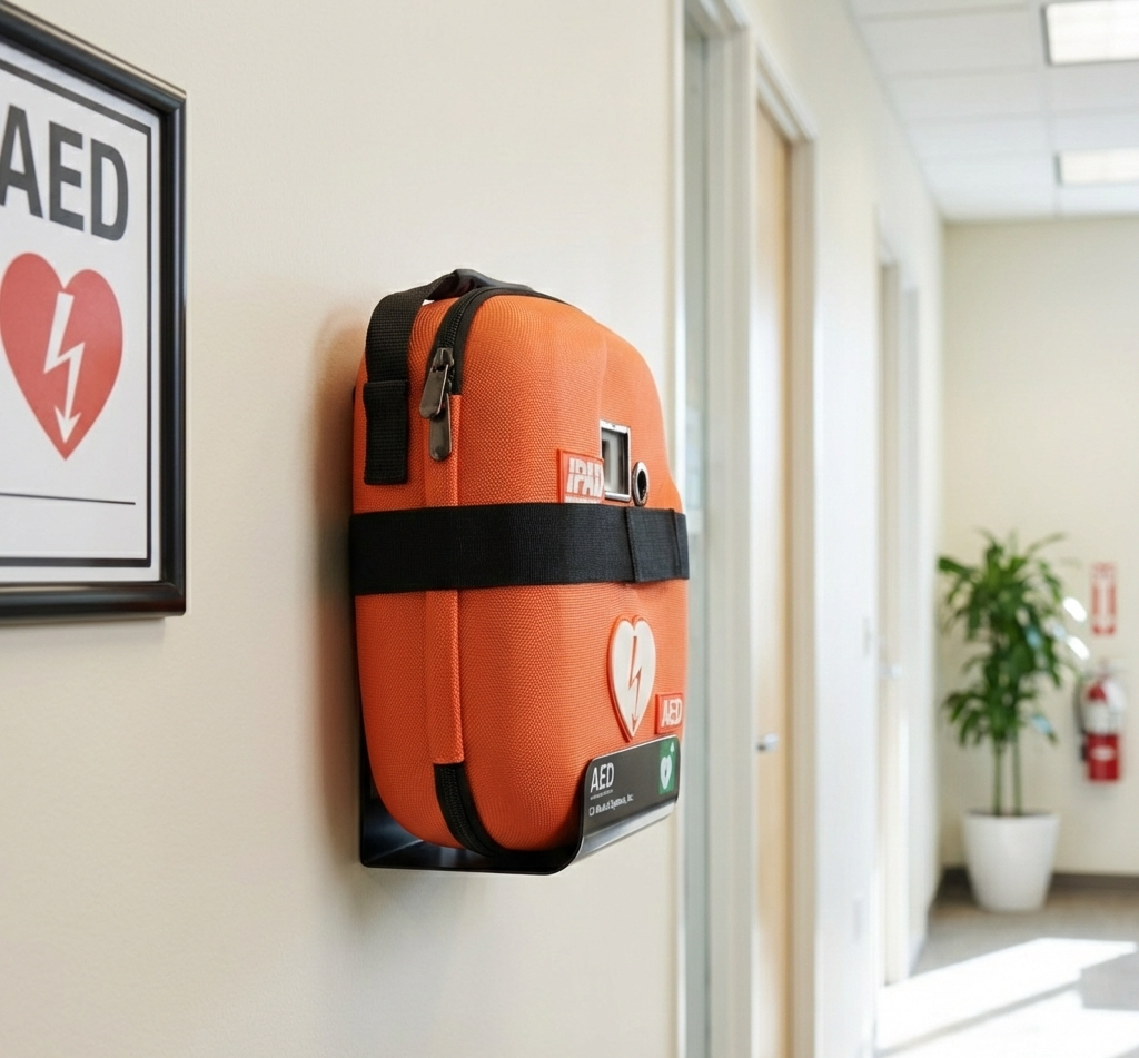 iPAD CU-SP1 AED in orangefarbener Tragetasche, montiert in einer schwarzen Wandhalterung in einem hellen Büroflur.