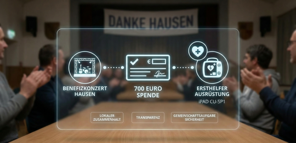 Infografik zur 700 Euro Spende des Benefizkonzerts Hausen für eine Ersthelfer-Ausrüstung (Defibrillator iPAD CU-SP1).