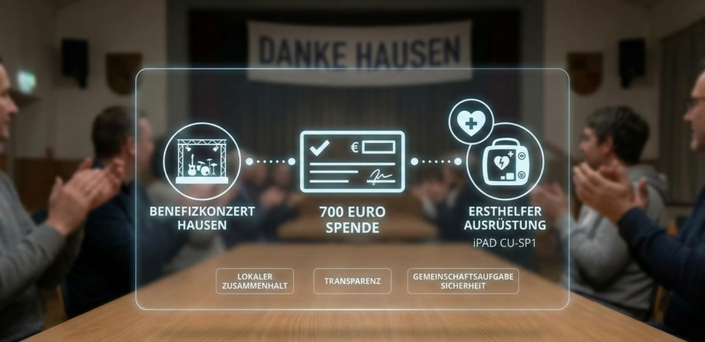 Infografik zur 700 Euro Spende des Benefizkonzerts Hausen für eine Ersthelfer-Ausrüstung (Defibrillator iPAD CU-SP1).