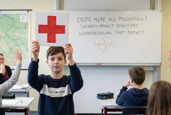 Ein Schüler hält ein quadratisches Schild mit einem großen roten Kreuz in einem Klassenzimmer hoch. Im Hintergrund ist eine Tafel mit der Aufschrift „Erste Hilfe als Pflichtfach? Sachsen-Anhalt diskutiert“ zu sehen.