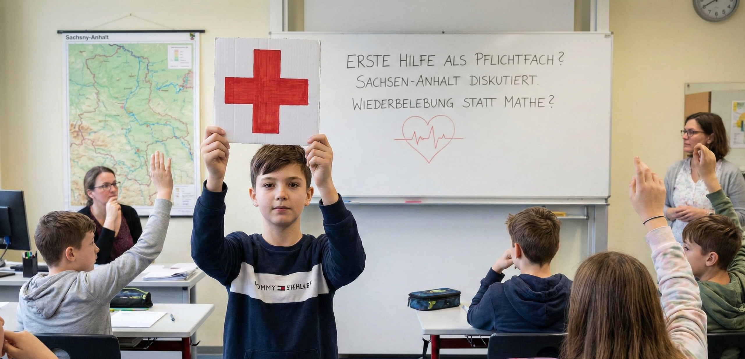 Ein Schüler hält ein quadratisches Schild mit einem großen roten Kreuz in einem Klassenzimmer hoch. Im Hintergrund ist eine Tafel mit der Aufschrift „Erste Hilfe als Pflichtfach? Sachsen-Anhalt diskutiert“ zu sehen.