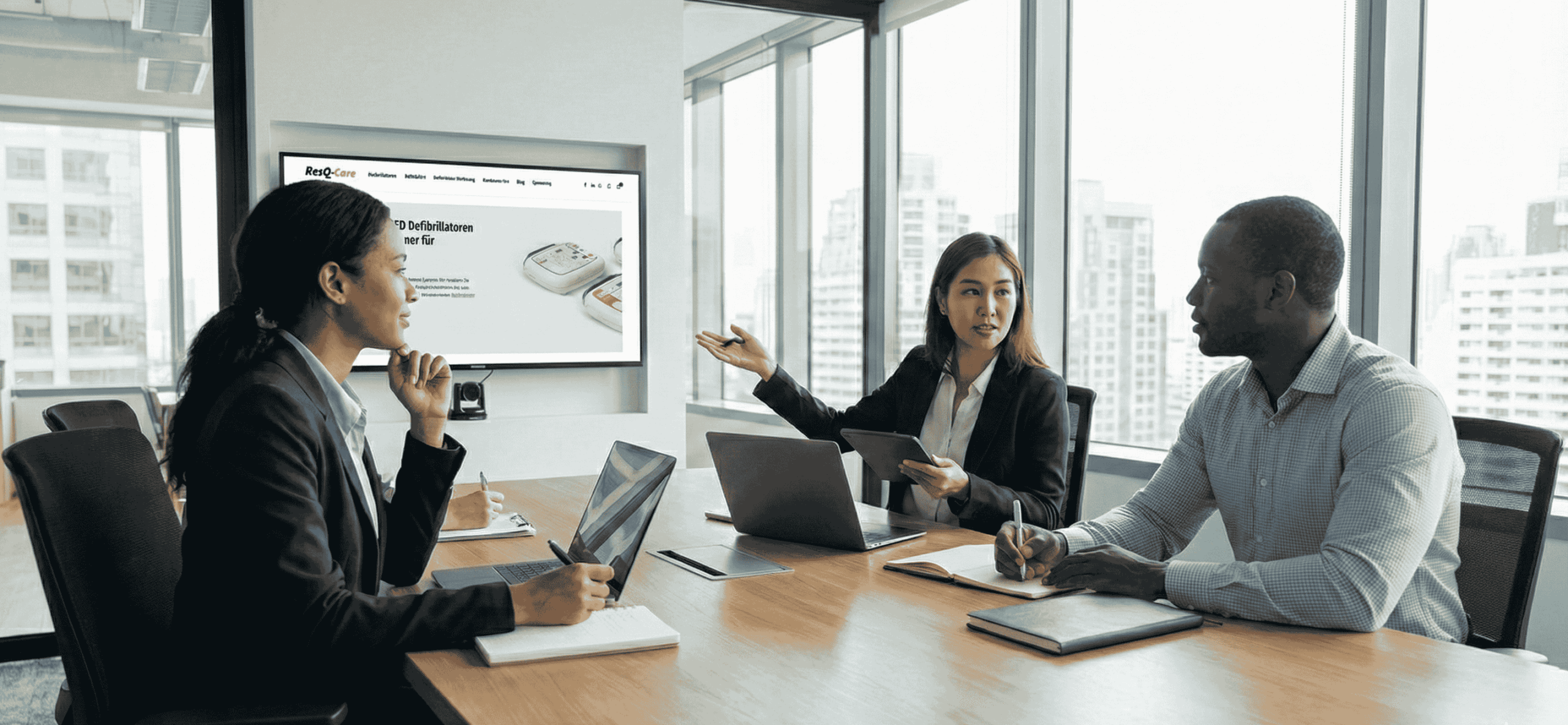 Foto einer geschäftlichen Besprechung in einem modernen Büro. Eine Frau zeigt auf einen Bildschirm, der die Website von "ResQ-Care" mit der Überschrift "Hochwertige AED Defibrillatoren kaufen – Ihr Partner für Notfallmedizin" und Bildern von Defibrillatoren anzeigt. Zwei weitere Personen hören zu und machen sich Notizen.