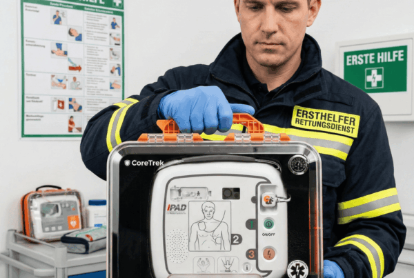Ein Ersthelfer in Uniform hält einen automatisierten externen Defibrillator (iPAD Pro AED) in einem transparenten Schutzkoffer.