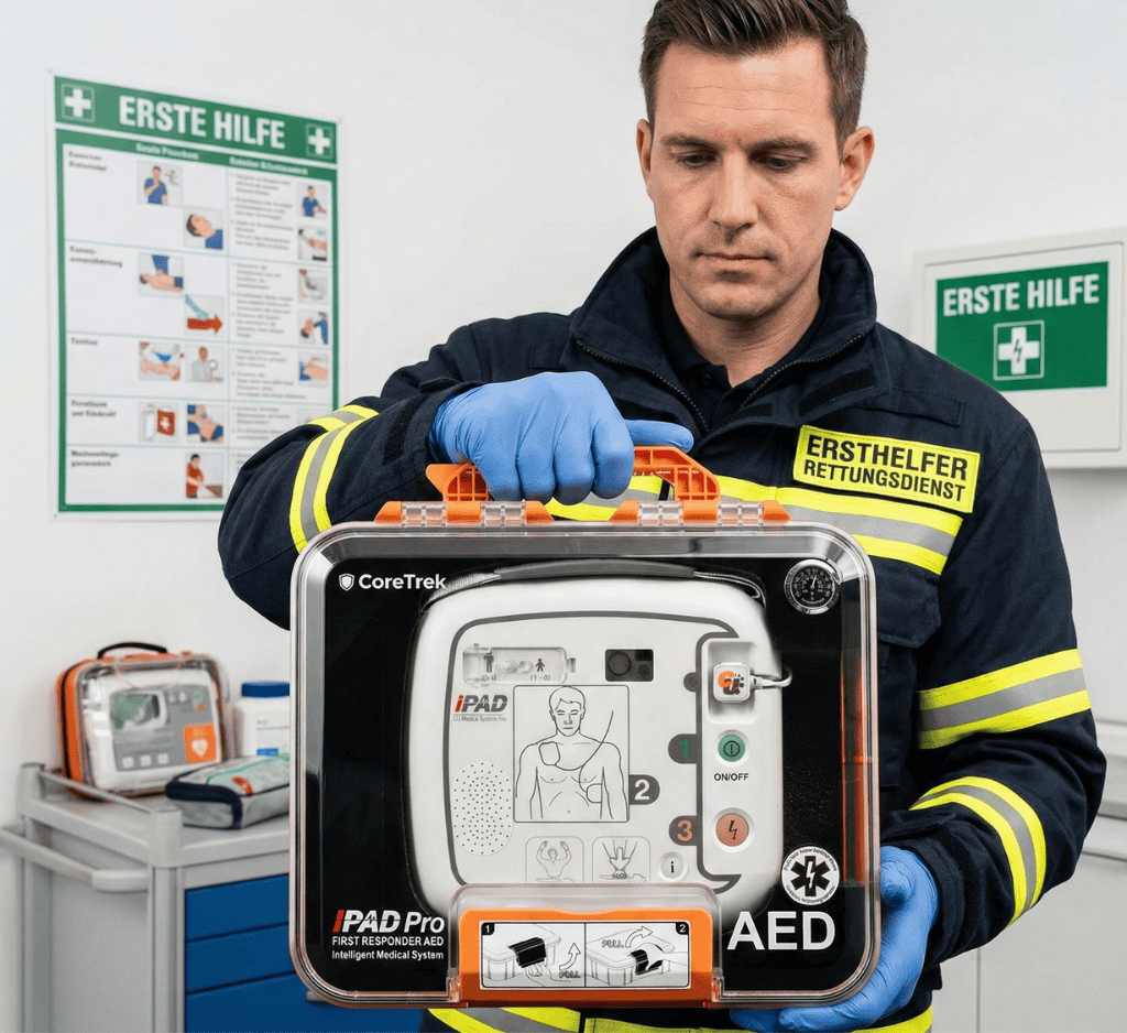 Ein Ersthelfer in Uniform hält einen automatisierten externen Defibrillator (iPAD Pro AED) in einem transparenten Schutzkoffer.