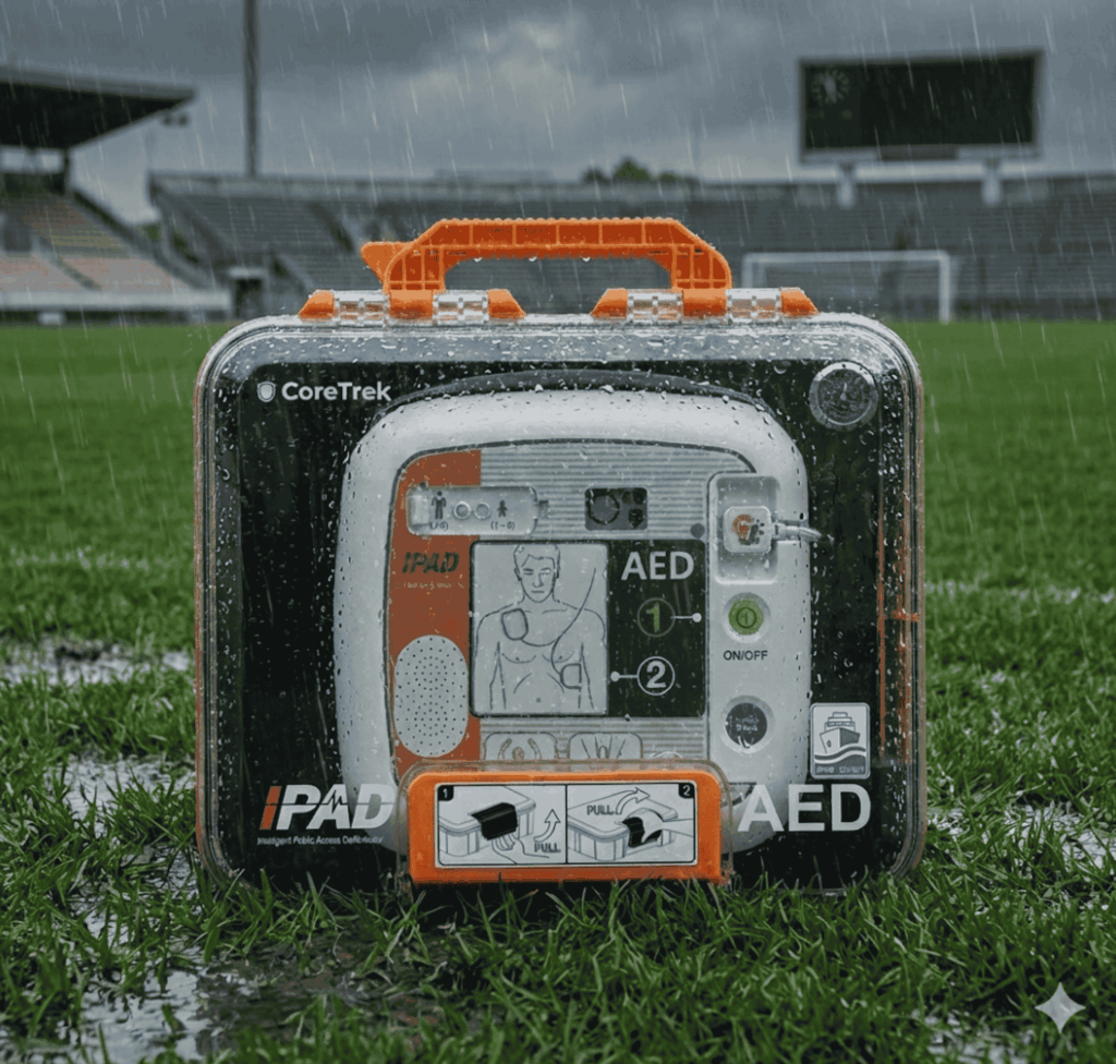 iPAD CU-SP1 AED Defibrillator im wasserdichten CoreTrek-Gehäuse auf einem verregneten Fußballplatz.