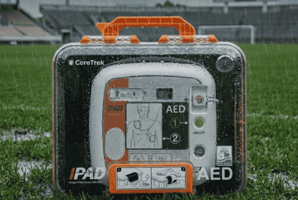 iPAD CU-SP1 AED Defibrillator im wasserdichten CoreTrek-Gehäuse auf einem verregneten Fußballplatz.