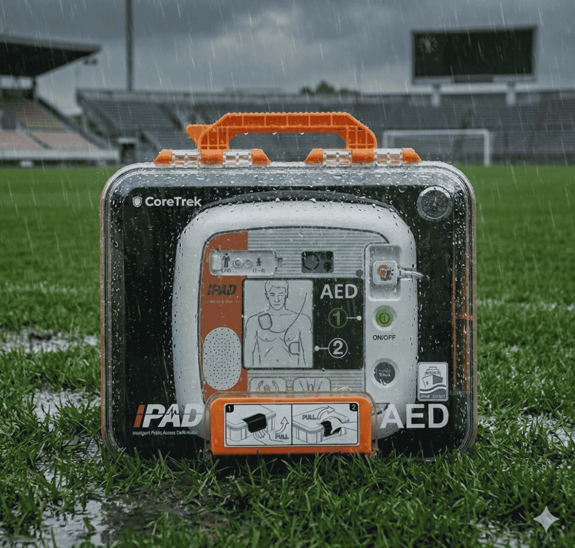 iPAD CU-SP1 AED Defibrillator im wasserdichten CoreTrek-Gehäuse auf einem verregneten Fußballplatz.