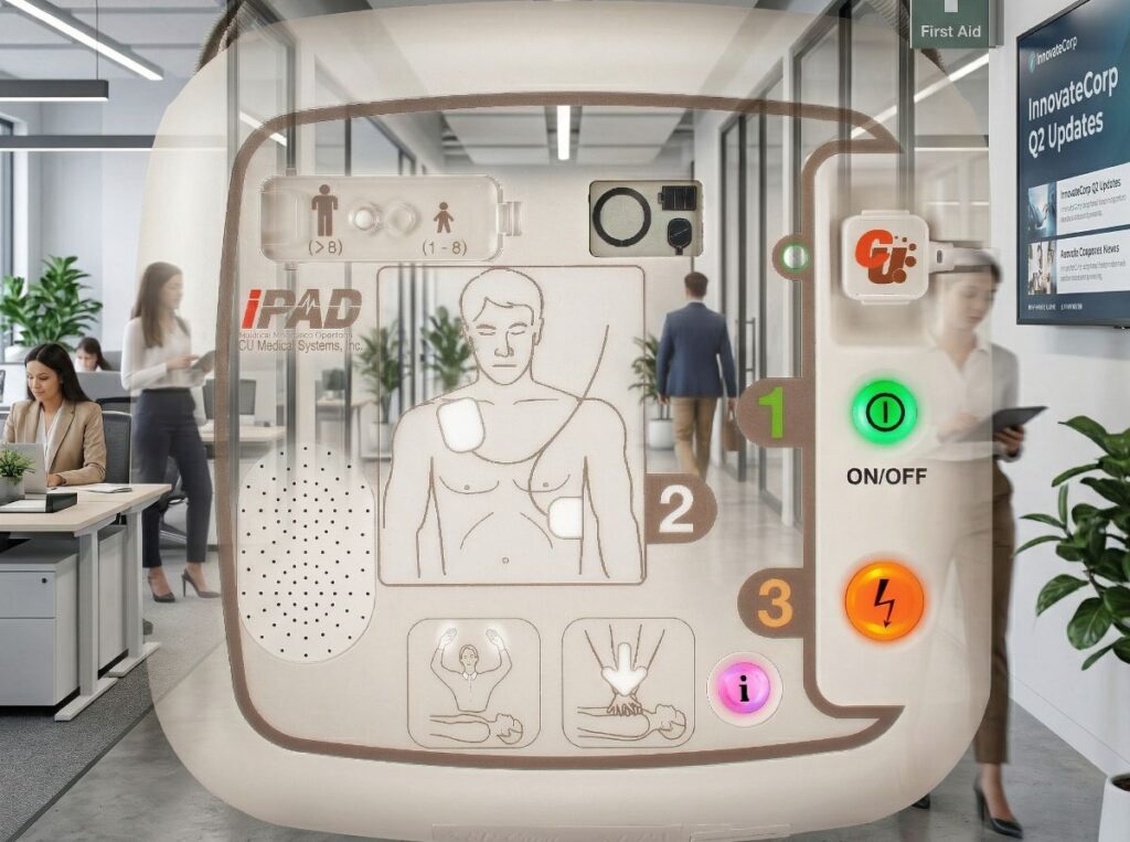 Transparente Darstellung eines automatisierten externen Defibrillators (AED) der Marke CU Medical Systems, Inc. in einem modernen Bürogebäude.
