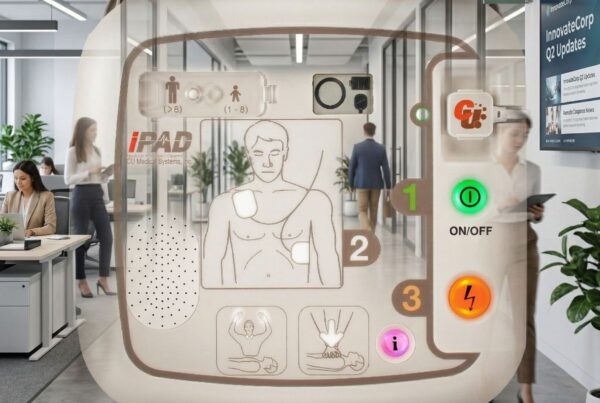 Transparente Darstellung eines automatisierten externen Defibrillators (AED) der Marke CU Medical Systems, Inc. in einem modernen Bürogebäude.