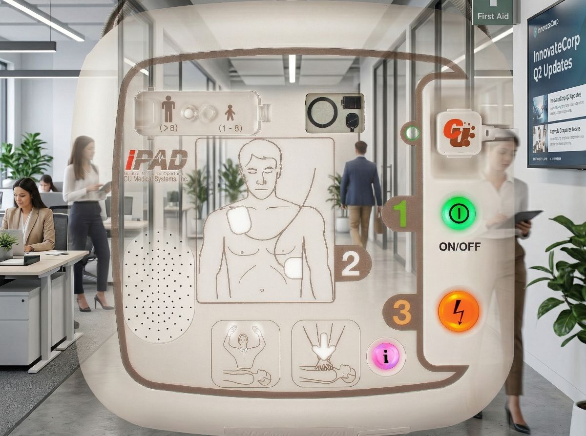 Transparente Darstellung eines automatisierten externen Defibrillators (AED) der Marke CU Medical Systems, Inc. in einem modernen Bürogebäude.