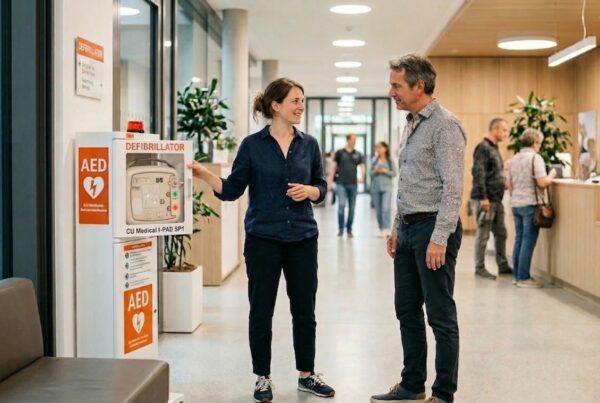 Eine Frau zeigt einem Mann einen in einem weißen Wandschrank installierten Defibrillator (i-PAD CU-SP1 AED) in einem modernen, hellen Flur.
