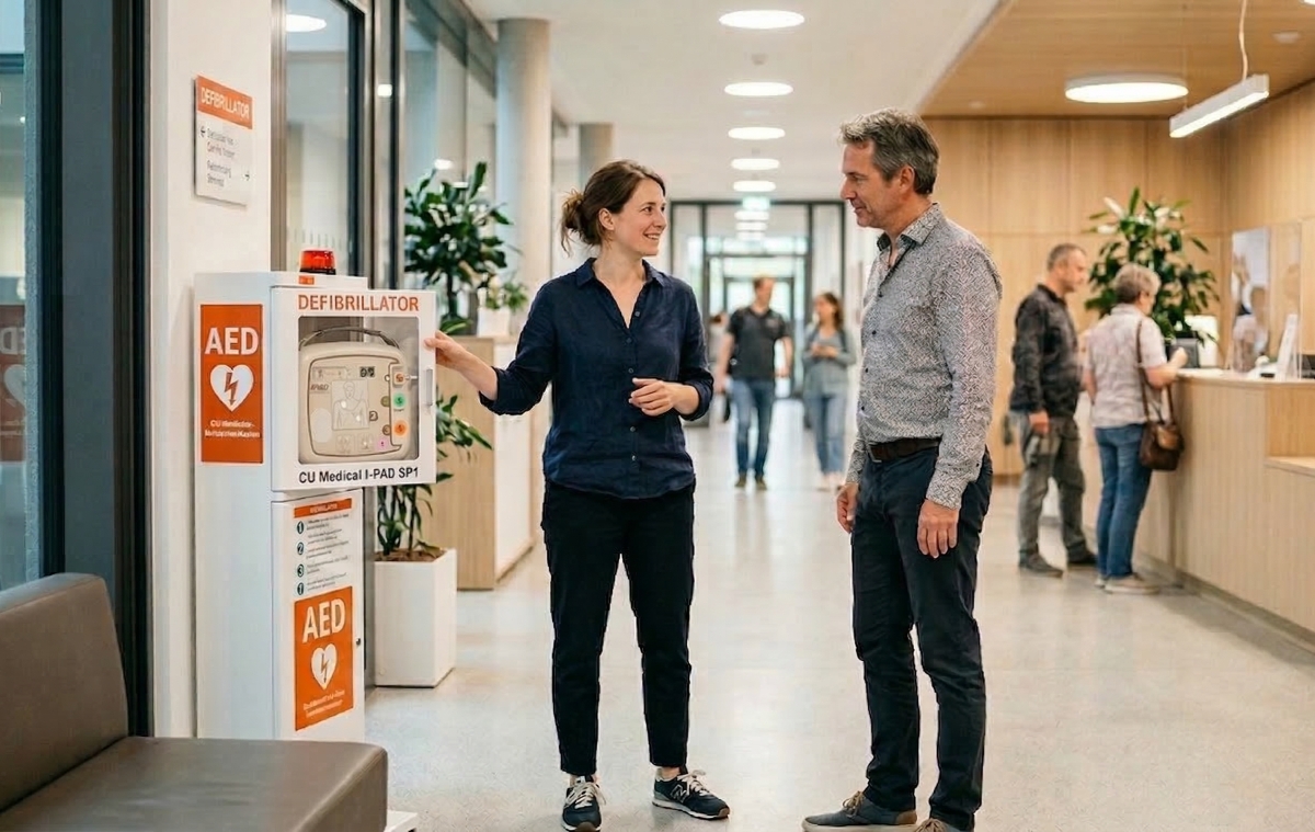 Eine Frau zeigt einem Mann einen in einem weißen Wandschrank installierten Defibrillator (i-PAD CU-SP1 AED) in einem modernen, hellen Flur.