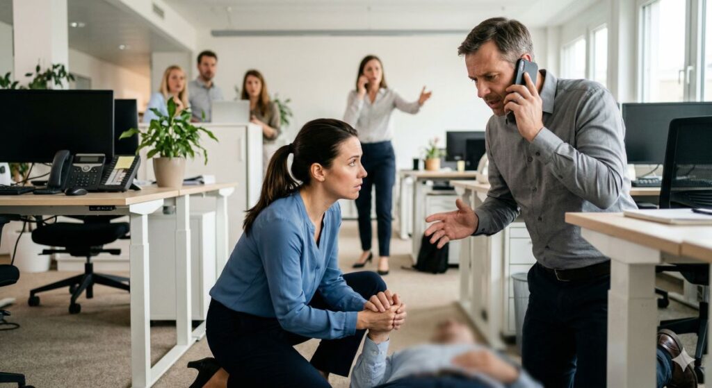 Notfallsituation im Büro: Eine Frau leistet Erste Hilfe bei einer am Boden liegenden Person, während ein Kollege daneben steht und den Notruf anruft.