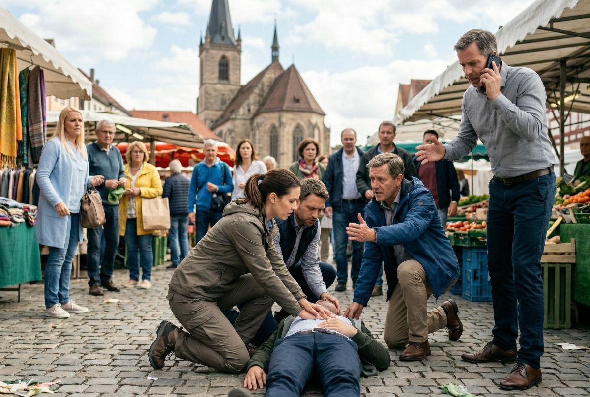 Erste Hilfe auf einem Marktplatz: Ersthelfer leisten bei einer bewusstlosen Person am Boden Wiederbelebung (CPR), während ein Mann den Notruf wählt.