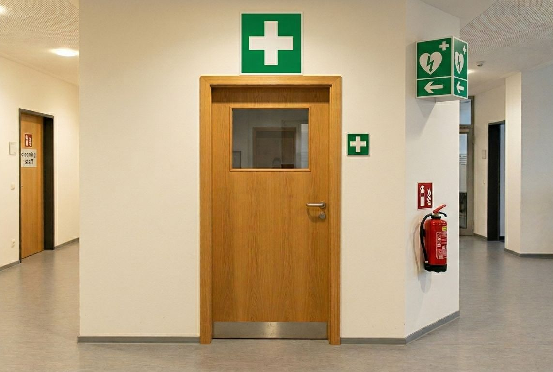 Holztür in einem hellen Flur mit grünen Erste-Hilfe-Schildern und einem Feuerlöscher an der Wand.
