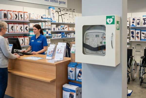 Kundin im Beratungsgespräch mit einer Mitarbeiterin am Tresen eines Sanitätshauses, im Vordergrund ein an der Säule montierter Defibrillator (AED).