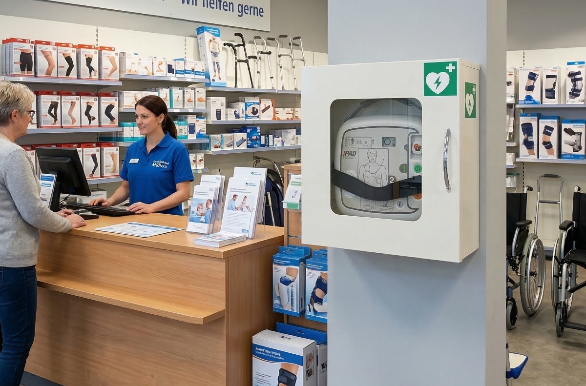 Kundin im Beratungsgespräch mit einer Mitarbeiterin am Tresen eines Sanitätshauses, im Vordergrund ein an der Säule montierter Defibrillator (AED).