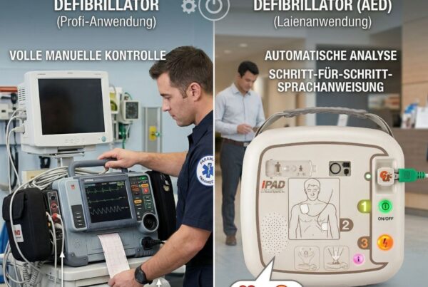 Vergleich zwischen einem manuellen Defibrillator für medizinisches Fachpersonal (links) und einem automatisierten externen Defibrillator (AED) für Laien (rechts).