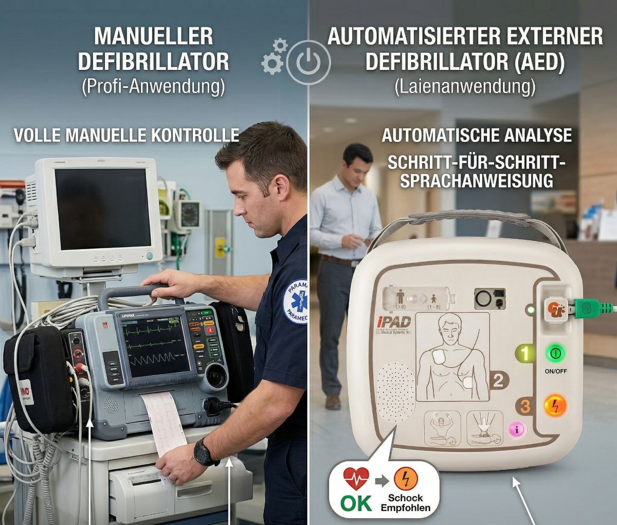 Vergleich zwischen einem manuellen Defibrillator für medizinisches Fachpersonal (links) und einem automatisierten externen Defibrillator (AED) für Laien (rechts).