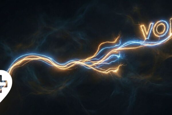 Elektrische Blitze in Orange und Blau, die das Wort VOLT formen, mit einem medizinischen Herz-Symbol in der unteren linken Ecke.