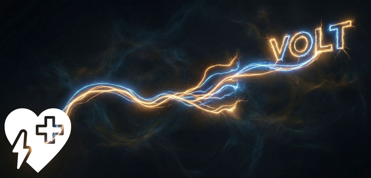 Elektrische Blitze in Orange und Blau, die das Wort VOLT formen, mit einem medizinischen Herz-Symbol in der unteren linken Ecke.