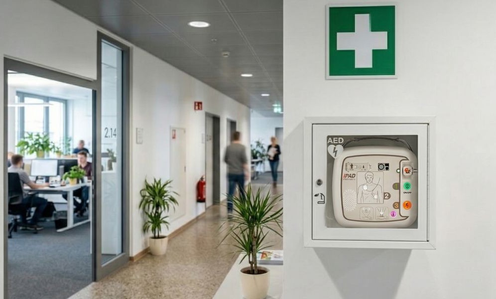 Ein automatisierter externer Defibrillator (AED) in einem weißen Wandschrank in einem hellen, modernen Büroflur mit Mitarbeitern im Hintergrund.