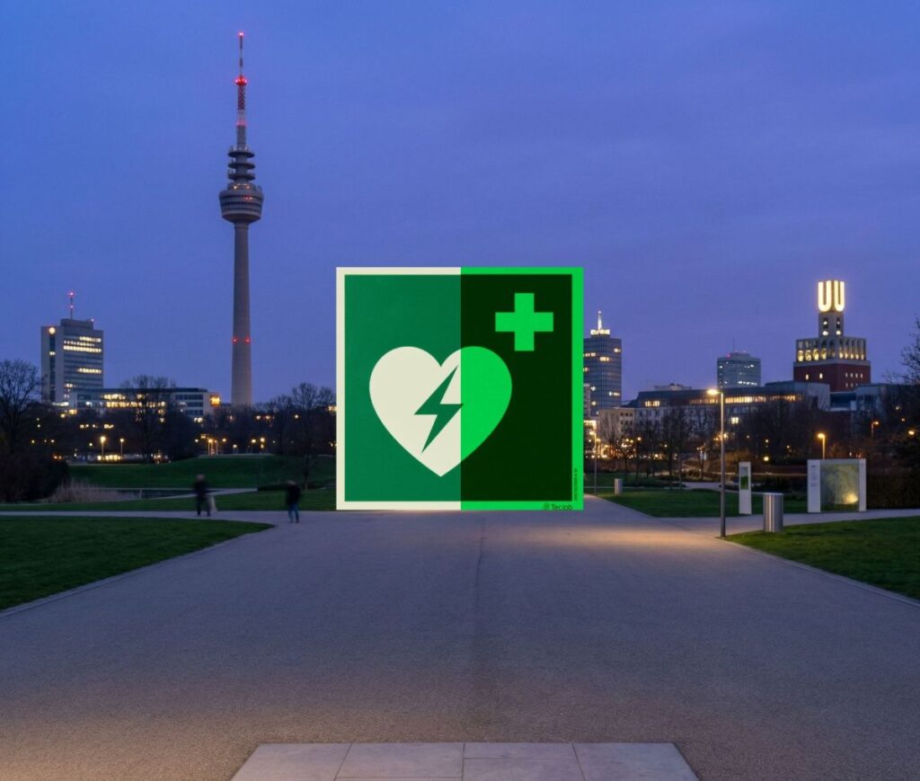 Großes grünes AED-Defibrillator-Symbol über der Skyline von Dortmund im Westfalenpark bei Dämmerung mit Florianturm und Dortmunder U.