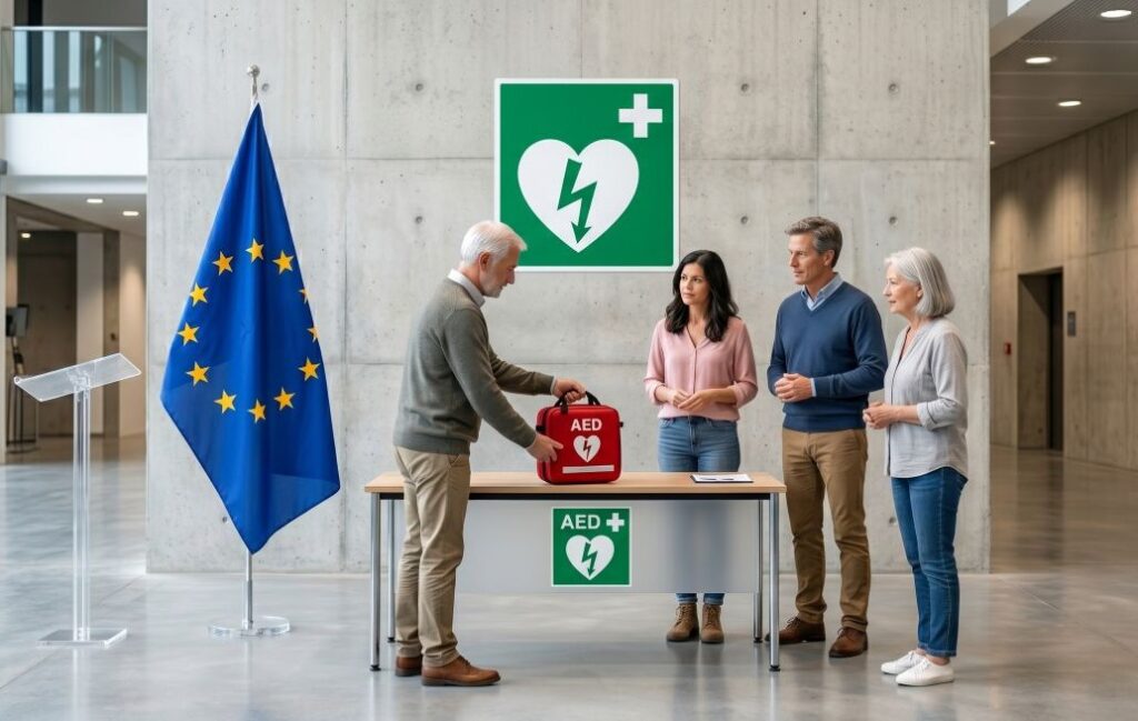 Vier Personen stehen in einem modernen Foyer um einen Tisch, auf dem ein Mann eine rote AED-Tasche (Defibrillator) präsentiert; im Hintergrund sind ein AED-Wandschild und die EU-Flagge zu sehen.