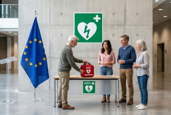 Vier Personen stehen in einem modernen Foyer um einen Tisch, auf dem ein Mann eine rote AED-Tasche (Defibrillator) präsentiert; im Hintergrund sind ein AED-Wandschild und die EU-Flagge zu sehen.