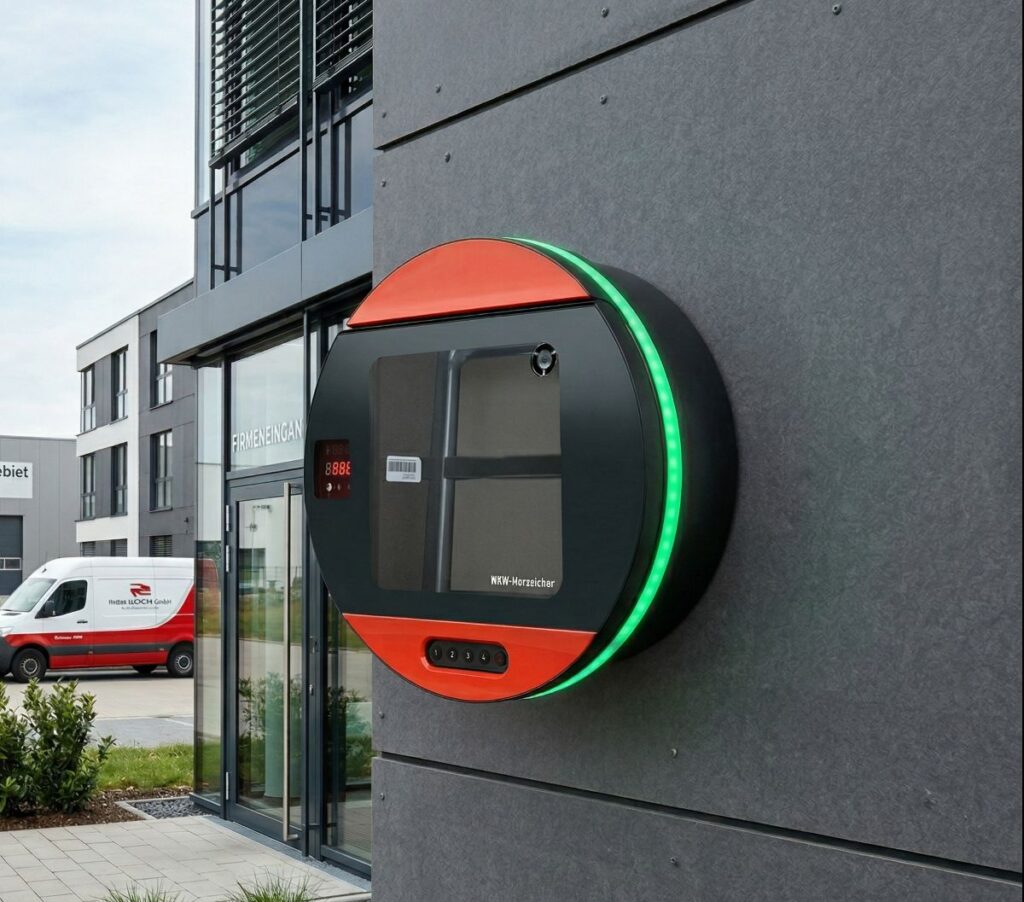 Moderner, runder AED-Wandkasten in Schwarz-Orange mit grünem LED-Leuchtring an einer grauen Fassade eines Firmengebäudes.