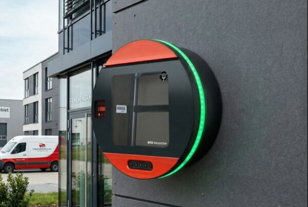 Moderner, runder AED-Wandkasten in Schwarz-Orange mit grünem LED-Leuchtring an einer grauen Fassade eines Firmengebäudes.