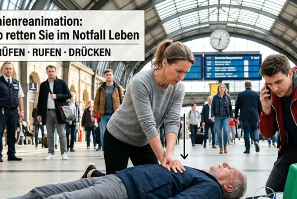 Eine Frau führt eine Herzdruckmassage bei einem Mann in einer Bahnhofshalle durch, während ein Ersthelfer den Notruf wählt und ein Defibrillator (AED) bereitsteht. Text im Bild: Laienreanimation – Prüfen, Rufen, Drücken.