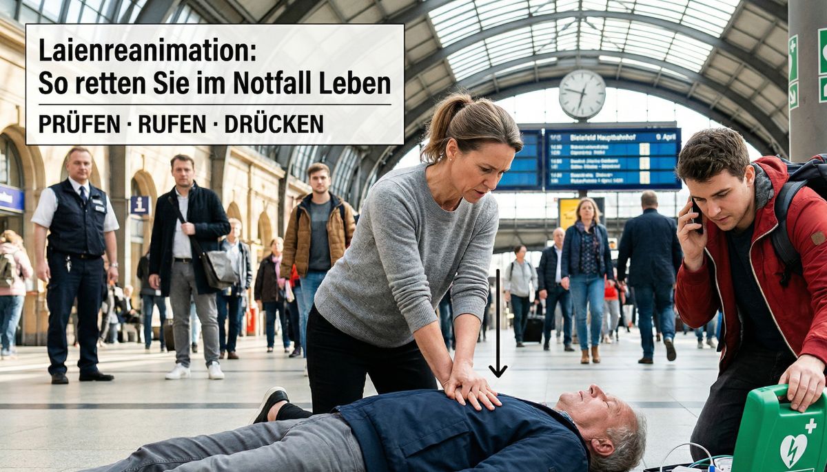 Eine Frau führt eine Herzdruckmassage bei einem Mann in einer Bahnhofshalle durch, während ein Ersthelfer den Notruf wählt und ein Defibrillator (AED) bereitsteht. Text im Bild: Laienreanimation – Prüfen, Rufen, Drücken.