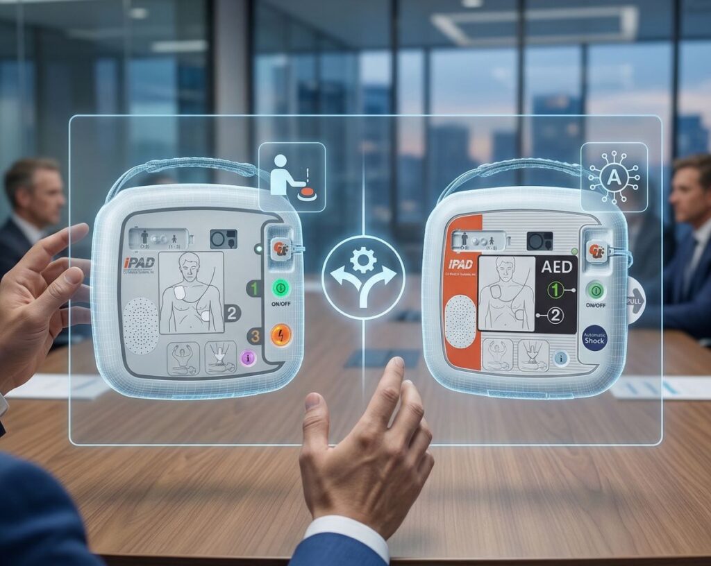 Vergleich zwischen einem halbautomatischen und einem vollautomatischen iPAD AED Defibrillator auf einem interaktiven holografischen Display in einem modernen Büro.
