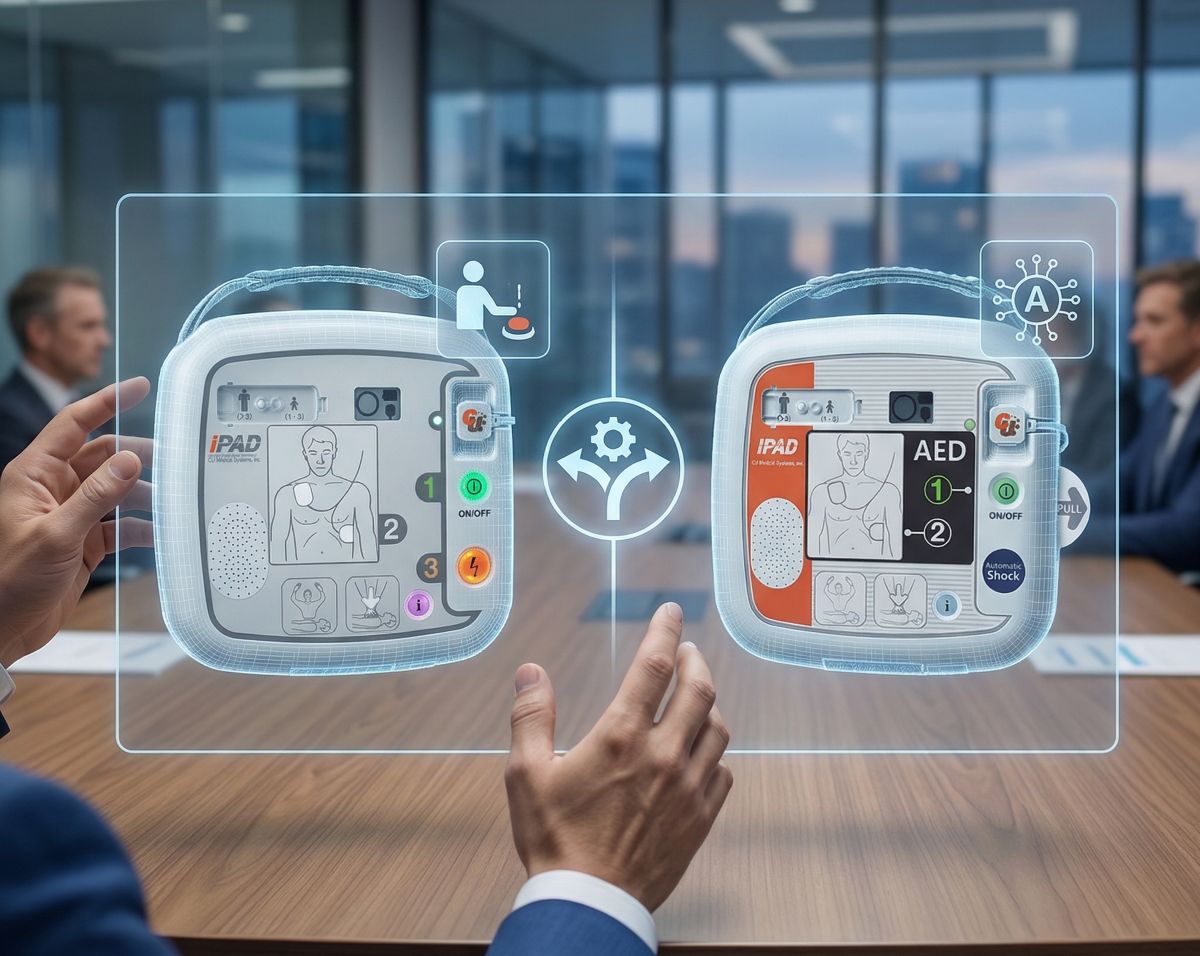 Vergleich zwischen einem halbautomatischen und einem vollautomatischen iPAD AED Defibrillator auf einem interaktiven holografischen Display in einem modernen Büro.