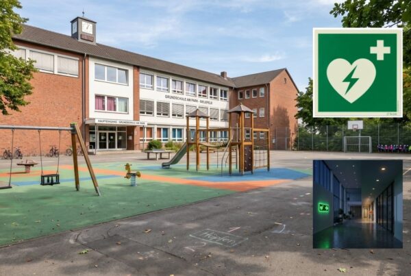 Moderner Schulhof der Schule in Bielefeld mit Klettergerüst, Schaukeln und Basketballkorb vor dem Schulgebäude.