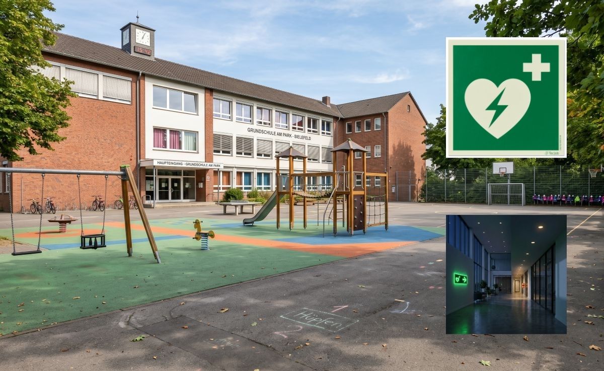 Moderner Schulhof der Schule in Bielefeld mit Klettergerüst, Schaukeln und Basketballkorb vor dem Schulgebäude.