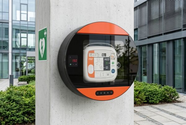 Defibrillators im Wandschrank im Außenbereich
