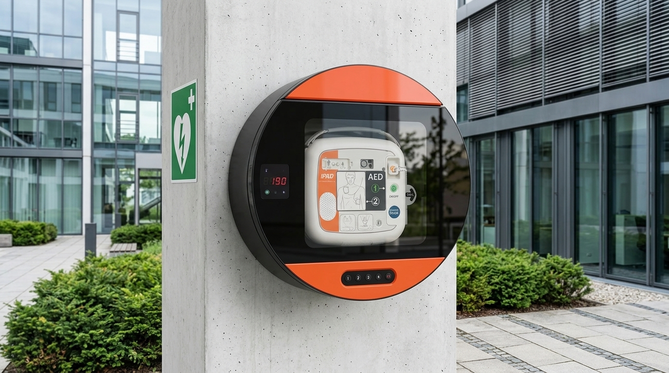 Defibrillators im Wandschrank im Außenbereich