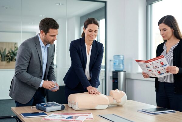Drei Personen üben im Büro Herzdruckmassage an einer Puppe, ein Defibrillator und Anleitung liegen bereit.