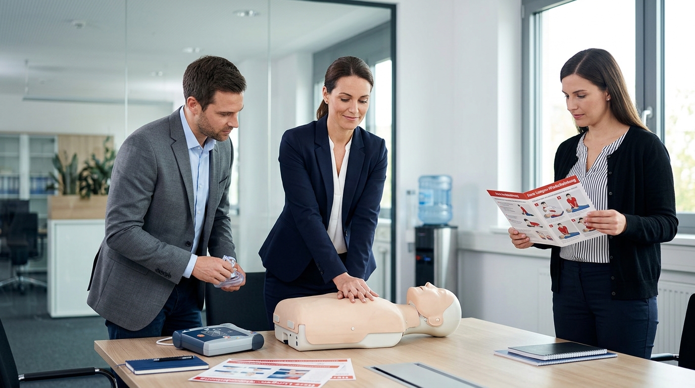 Drei Personen üben im Büro Herzdruckmassage an einer Puppe, ein Defibrillator und Anleitung liegen bereit.